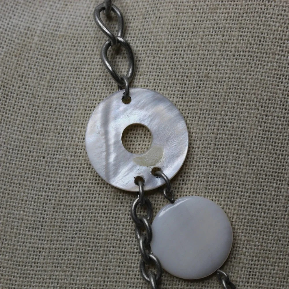 Necklace Layered Mother of Pearl Geometric Silver Tone Boho Modernist Statement